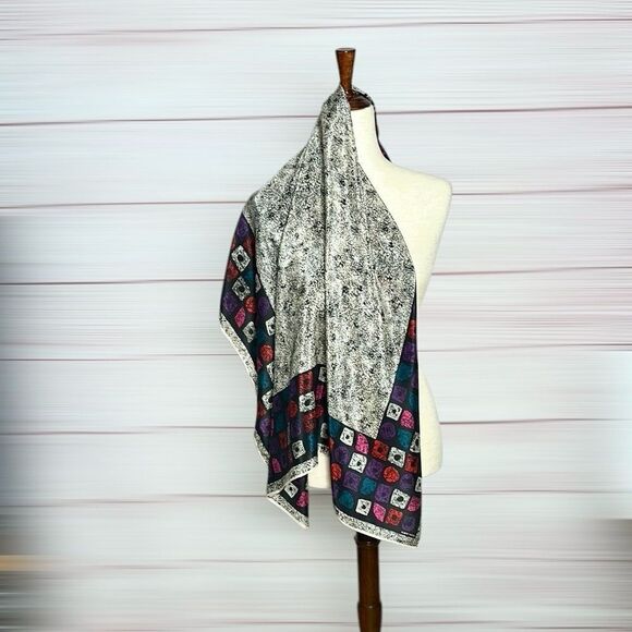 Albert Nipon Silk Square Scarf Abstract White Black Multicolor Geometric Trim - Picture 2 of 9